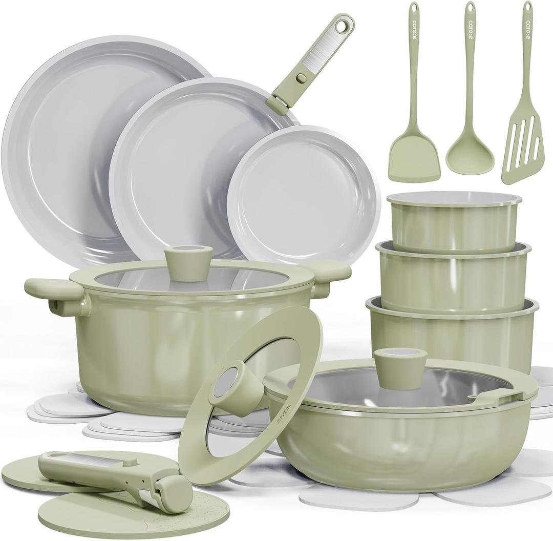 CAROTE 25pcs Ceramic Cookware Set Nonstick, Pots and Pans Set Non stick, Non Toxic Cookware, Dishwasher/Oven Safe, RV/Camping Cookware Set, Pan and Pot with Kitchen Utensils, Green (25 Piece)
