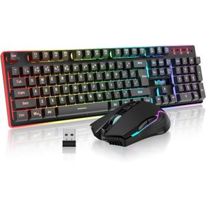 RedThunder K10 Wireless Gaming Keyboard and Mouse Combo, RGB Backlight Rechargeable 3800mAh Battery, 26-Key Anti-ghosting Keyboard + 7D 3200DPI Mice for PC Gamer