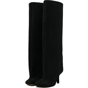 Women's Knee High Suede Boots for Women Wide Calf Square Toe Stiletto Heels Tall Boots Pull On High Heel Long Booties (9, Black)