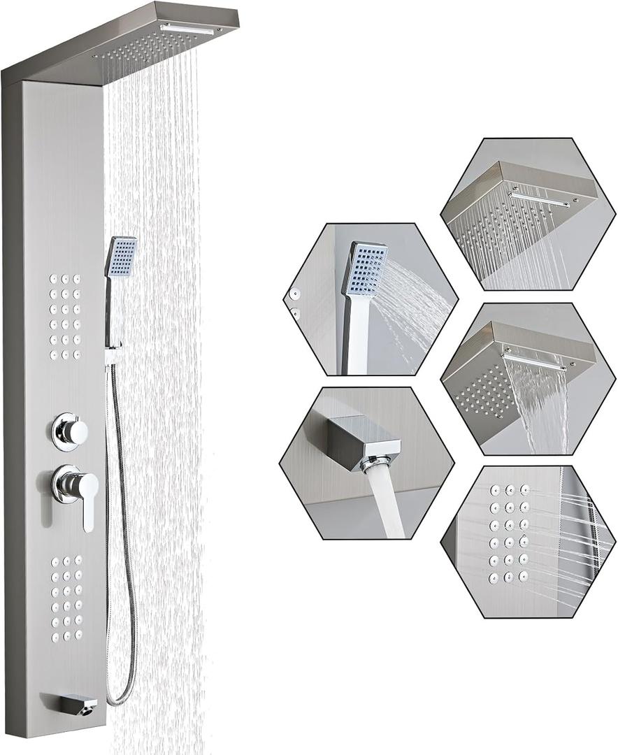 Shower Panel Tower System 5-in-1 Shower Panel Tower with Powerful Body Massage, Rainfall, Waterfall,Handheld and Tub Spout, Stainless Steel Shower Column - Brushed Gray