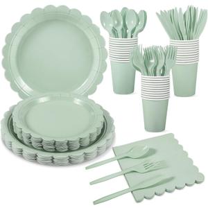 175 Pcs Party Plates and Cups and Napkins Sets, 9" Easter Plates, 7" Dessert Plate, 9oz Cups & Cutlery, 25 Guest Scalloped Sage Green Party Supplies for Easter, Bridal Baby Shower, Birthday