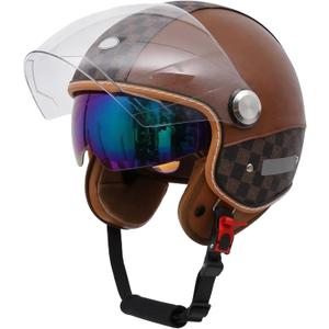 Leather Motorcycle Helmet Dual Visor 3/4 Open Face Motorcycle Helmet for Men & Women, DOT Approved Unisex Retro Half Helmet，Motorbike Casco for Moped Cruiser (Brown, L)