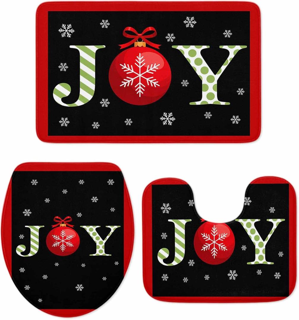 Christmas Bathroom Rugs and Mats Sets 3 Piece Joy Christmas Balls Bath Sets Non Slip Bath Rug Set with U Shape Rug Snowflake Red Black Stripe Contour Toilet Rug for Bathroom Floor Xmas Small Size (18"x30"+14"x18"+15"x18"Small)
