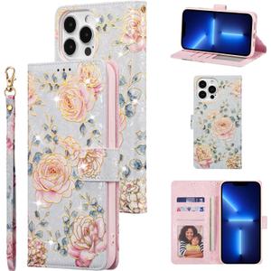 UEEBAI Wallet Case for iPhone 16 Pro Max, PU Leather Phone Cover Kickstand RFID Blocking Flip Case Card Slots Wrist Strap Relief Engraved Pattern Magnetic Closure Flower Folio Wallet, Purple Rose