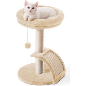 Cat Scratching Post Tower for Indoor Cats, Small Cat Tree Tower with Bed and Hanging Ball Toys, Short Modern Carpet Kitten Scratcher Stand with Large Round Perch and Scratch Ramp (Beige)