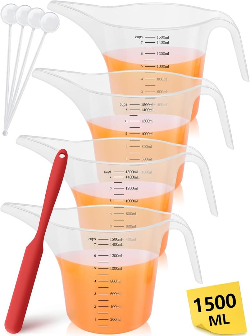 4 Pack 1500ml/50oz Long Spout Funnel Pitcher with Stirring Rods  Measuring Cups for Resin, Paint, Epoxy, Crafts, Soap Making, Durable and Easy to Pour, Great for Mixing, Measuring, Transfer Tasks