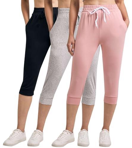 3 Pack: Womens Soft Capri Jogger Women Running Bottoms Capris Running Sports Yoga Lounge Active Ladies Warm Sweatpants Joggers Pants Casual Athletic Pockets Summer Yoga Cropped Cuffed - XXL
