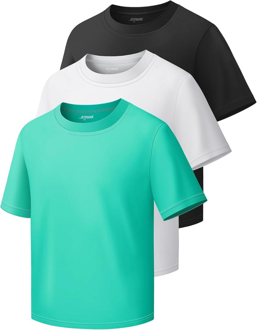 Boys Shirts Athletic Dry Fit Neon T Shirts Short Sleeve Kids Youth Moisture Wicking Quick Dry Sports Training Performance Tee (7-8 Years, 3pack-lake Blue/Black/White7495)