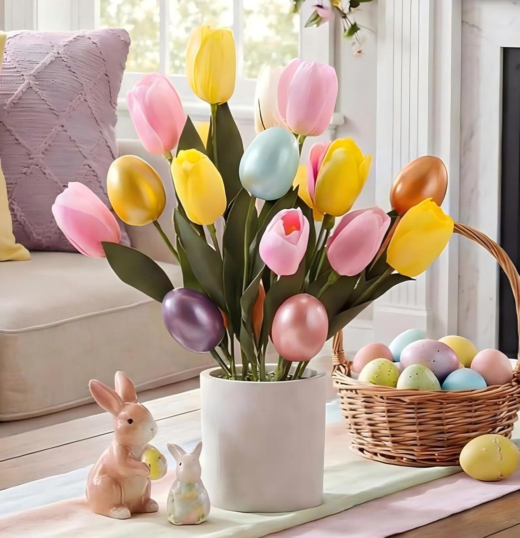 2 x Canlierr Easter Decoration Artificial Easter Tulip and Egg in Pot 12" Tall Potted Spring Tulip Flower Decor for Table Centerpiece Mantel Party Gift(Classic) (Pastel)