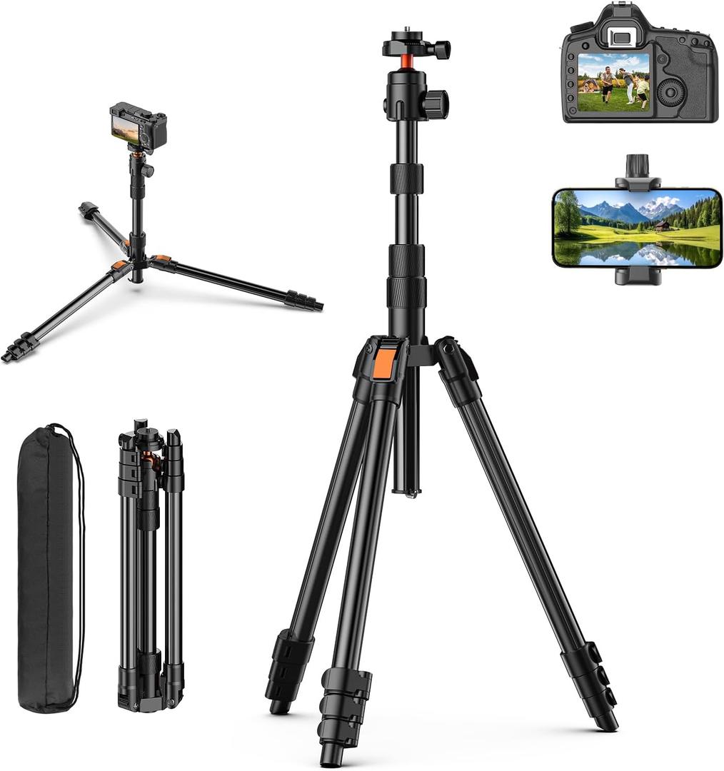 XXZU 71" Camera Tripod, Tripod for Camera Phone with 360Ball Head and Smartphone Holder, Aluminum DSLR Tripod Stand, Travel for Phone/DSLR/SLR/Projector/Video Recording, Max Load 8kg/17.64lb (Black-orange)