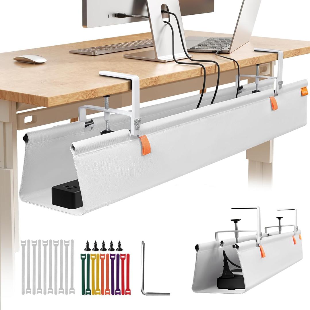 Under Desk Cable Management Tray with Clamp, No Drill 48" Cord Organizer for Desk, Desk Cable Management Fabric Tray for Standing Desks, Ideal for Home & Office - White