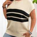 WDIRARA Women's Plus Size Striped Print Cap Sleeve Sweater Top Round Neck Loose Fit Casual Tops (XL)