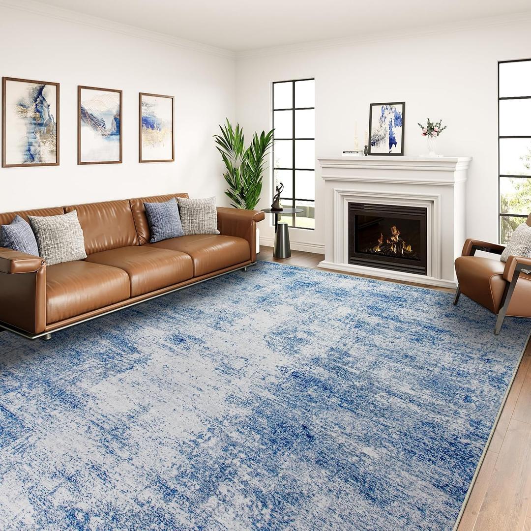 Capslpad Modern Abstract Area Rugs 8x10 Washable Rug for Living Room Non-Slip Farmhouse Rug Low Pile Soft Non-Shedding Blue Abstract Pattern Large Rugs for Bedroom Office Dining Room Farmhouse (8' x 10')
