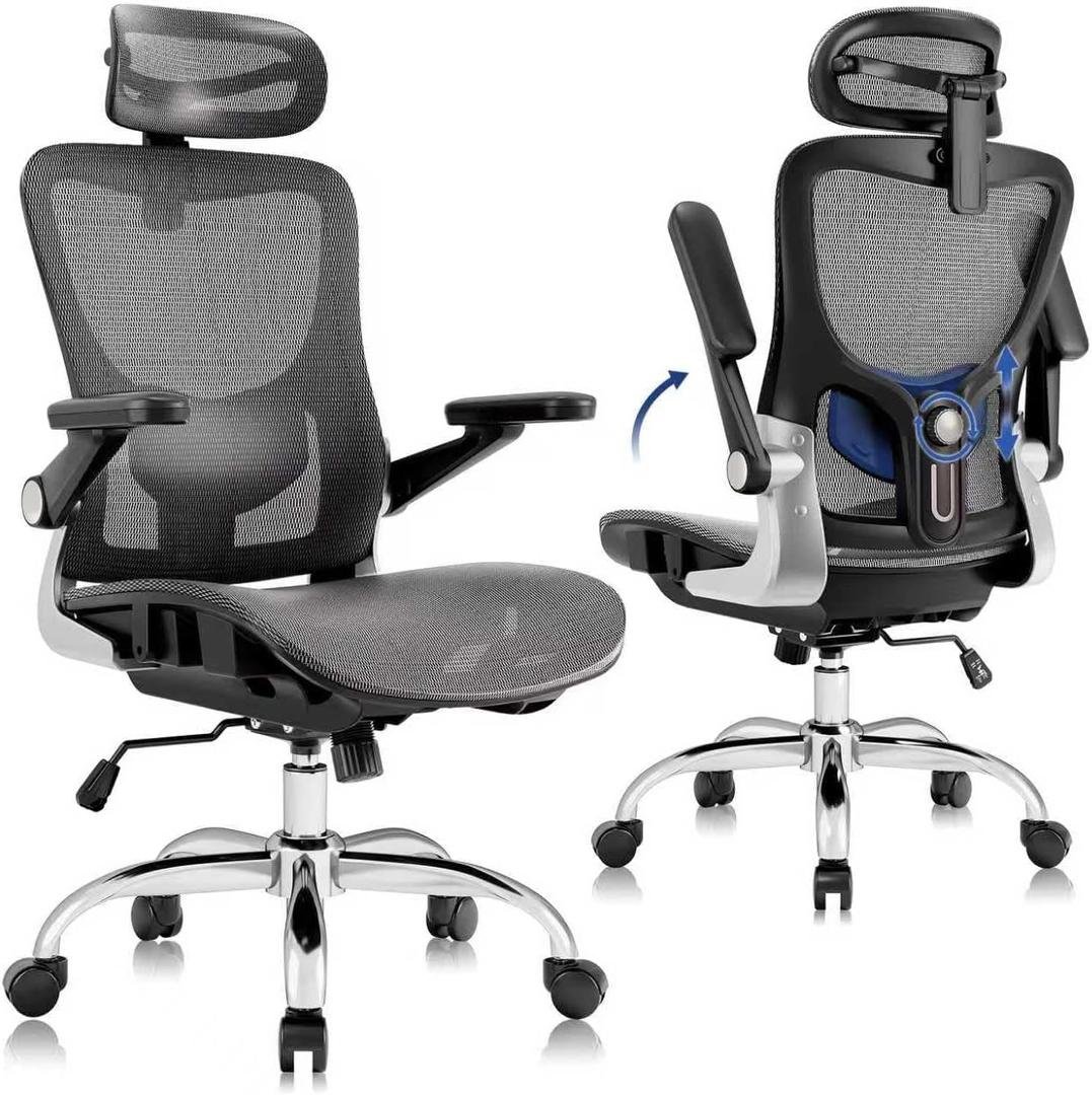 marrap Ergonomic Office Chair, Mesh Seat Cushion with 3D Armrests and 3D Headrest, Adjustable Lumbar Support with 90-120° Rocking Function for Home Office, Dark Grey