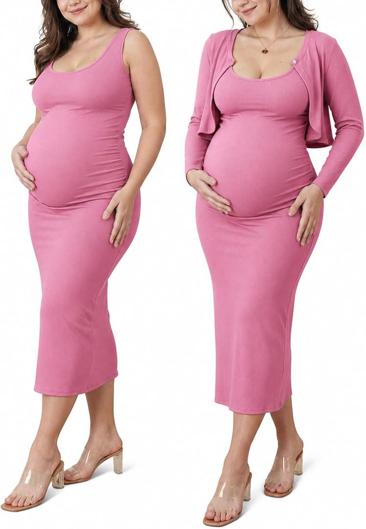 2 PCS Maternity Dress Short Cardigan Set Maxi Bodycon Formal Dresses Spring Summer Casual Baby Shower for Women (Pink, XL)