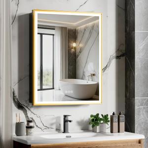 24x30 Inch Lighted Medicine Cabinet Aluminum Frame 3-Color Dimmable LED Anti-Fog Mirror Surface & Recessed Mount for Bathroom Hotel Apartment Dressing Room Entryway Matte Gold