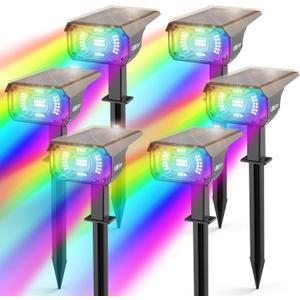 Color Solar Lights Outdoor Waterproof Spotlights with 9 Light Modes, Color Changing Solar Outdoor Lights for Decorate Festivals, Colored Solar Spot Lights Auto On/Off, RGBW 6 Pack