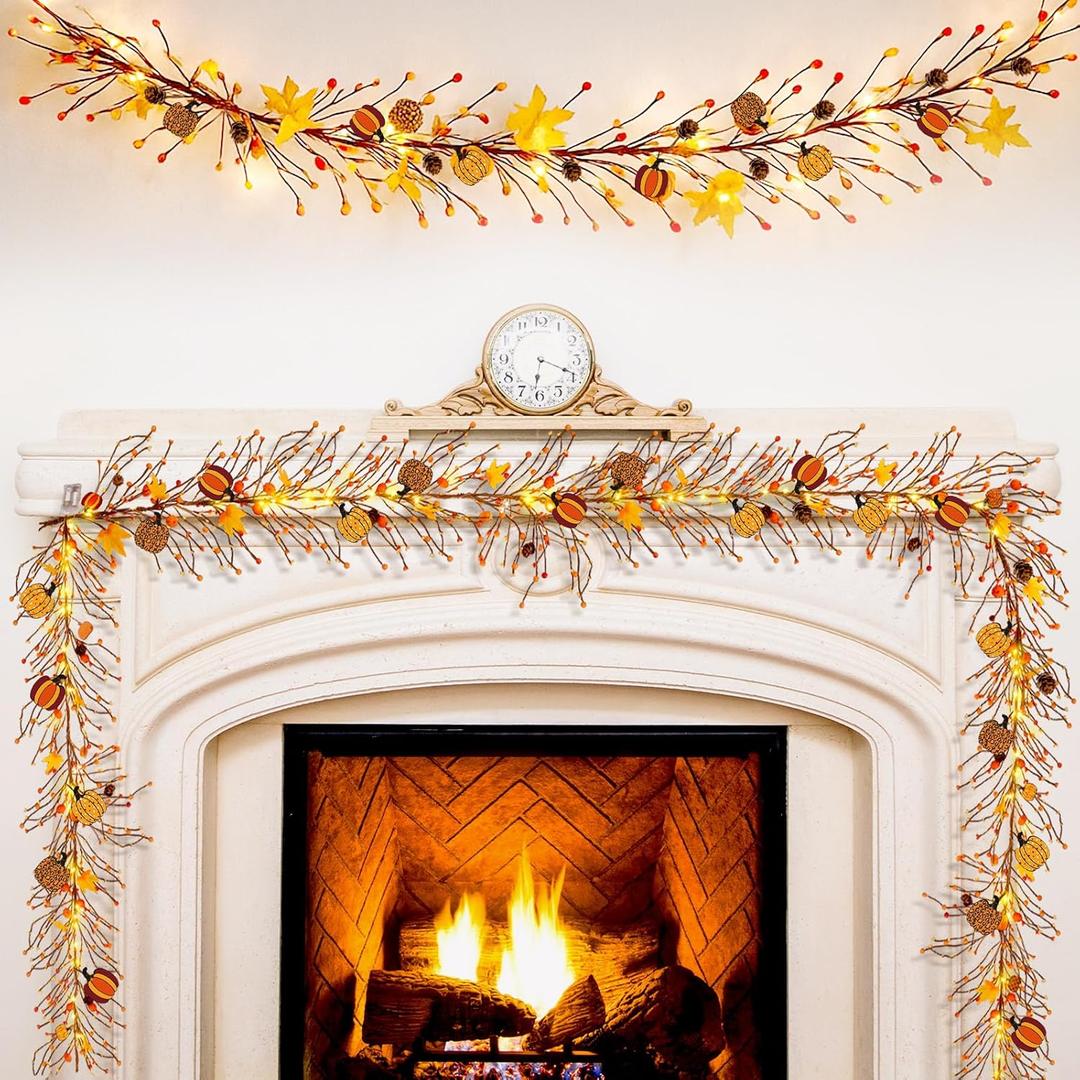 Thanksgiving Garland with Lights 9.84 ft Fall Decor Garland with Artificial Berries Pumpkins Maple Leaves Thanksgiving Decorations for Harvest Party Home Mantel Fireplace Table Wall Decor
