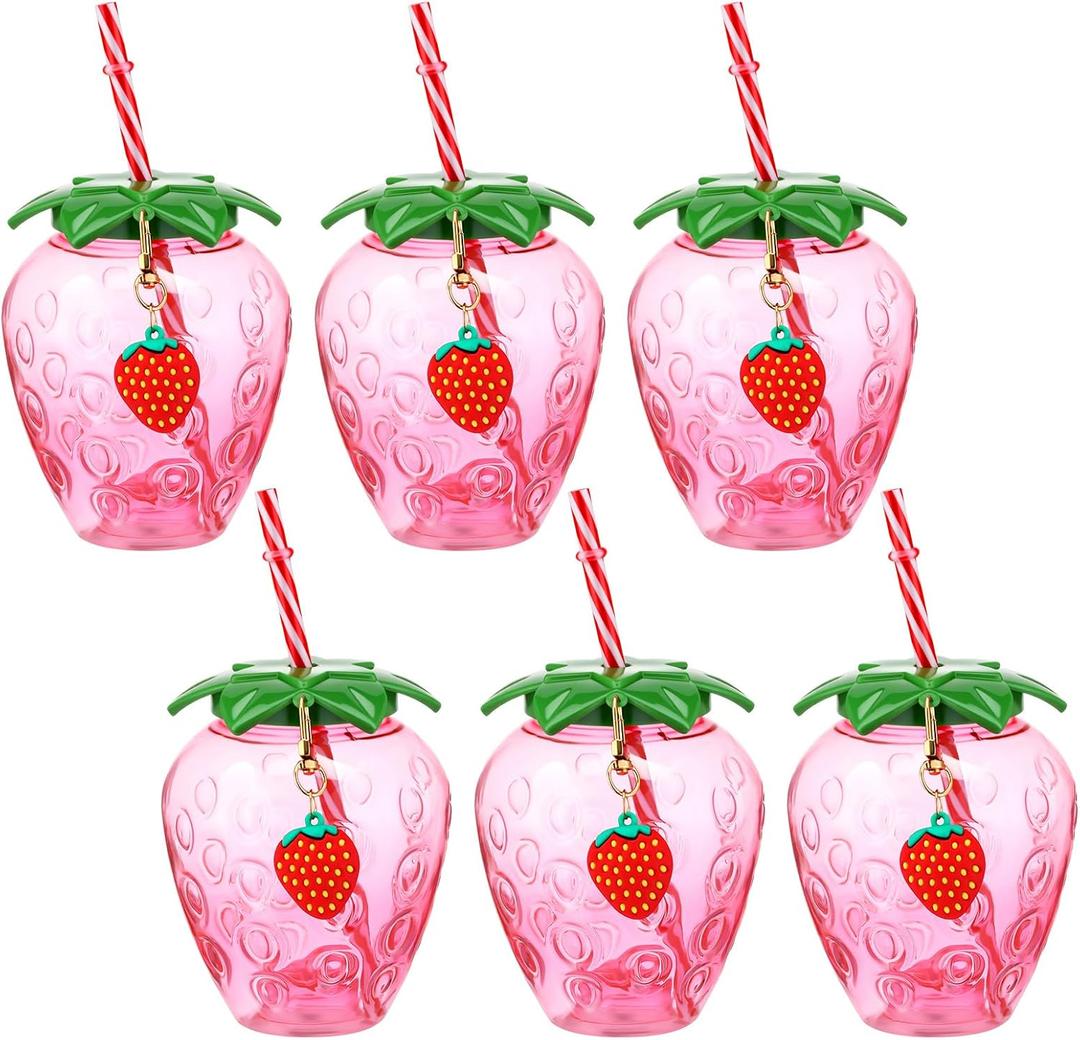 LemonRoad 17 oz Strawberry Shaped Cups with Lids and Straws Reusable Cute Drinking Cups Strawberry Water Bottles for Hawaiian Summer Party (6 Pcs), about 17 oz/ 500 ml