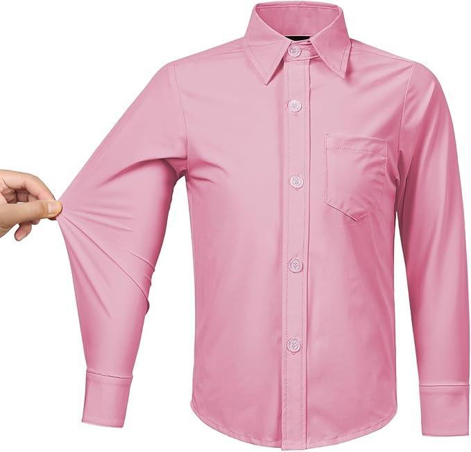 6Y Boys' Stretch Long Sleeve Button Down Toddler Dress Shirt Wrinkle Free Oxford Uniform Shirt with Chest Pocket