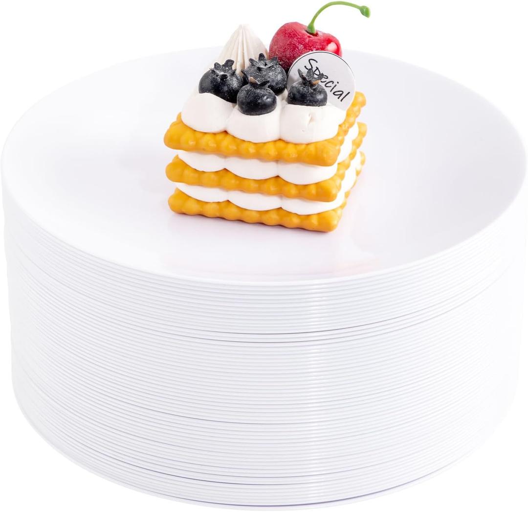 Hioasis 100pcs White Plastic Plates for Party - 7.5" Dinner Plates Disposable, Heavy -duty, Classy and Elegant for Wedding and Wedding