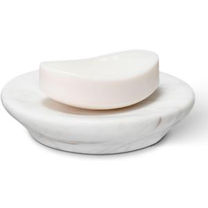 Natural Marble Soap Dish, Round White Jewelry Dish 4.5 Inch, Limestone Shower Soap Holder, Modern Stone Sponge Holder with Beveled Edge, Bar Soap Saver Tray for Bathroom, Kitchen