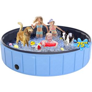 Large Foldable Dog Pool 75x16, EPN Heavy Duty Hard PVC Collapsible Dog Pool for Large Dogs and Kids, Leakproof Non-Slip Pet Wading & Bathing Tub with Drain, for Indoor & Outdoor Use