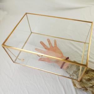 HighFree Vintage Glass Box with Lid - Clear Jewelry Glass Display Box Keepsake Box - Home Decor Decorative Box for Trinket Rings Bracelet (Gold, Medium)