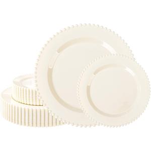 U-QE 60PCS Ivory Plastic Plates - Beaded Ivory Plates Disposable Heavy Duty - Perfect for Party, Baby Shower, Wedding, Birthday - Include 30PCS 10inch Dinner Plate & 30PCS 7inch Dessert Plate