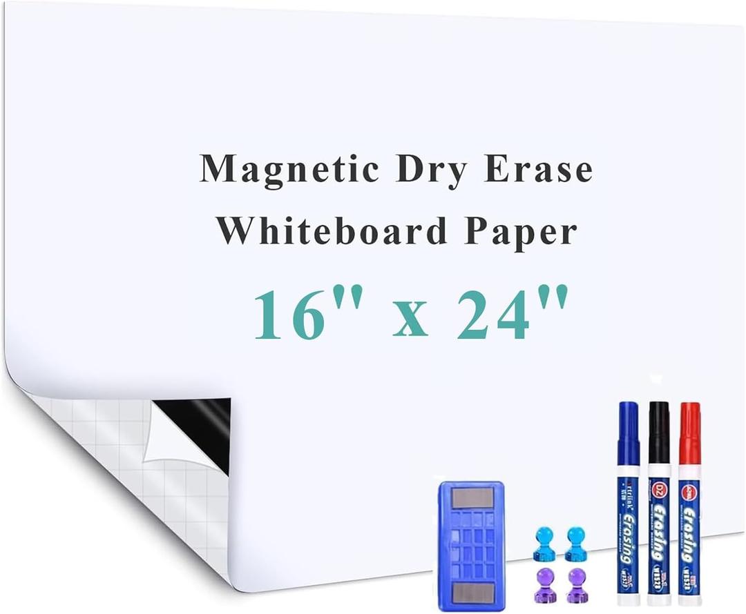 Magnetic Dry Erase Whiteboard Sticker, 16" x 24" Stick on Whiteboard for Wall, Dry Erase Board Peel and Stick for Kids, Office, Home, with Marker, Eraser and Magnets (Adhesive Backing)