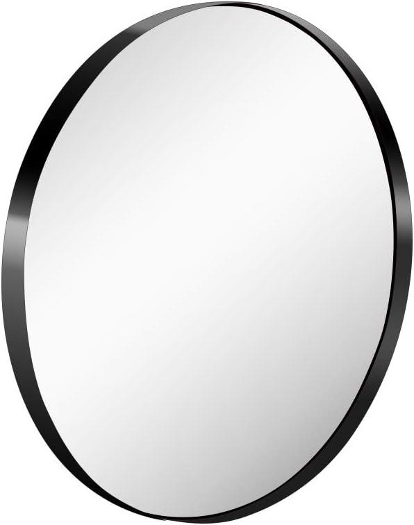 26-Inch Large Wall Mounted Round Mirror Premium Brushed Metal Coated Frame Black Wall Mirror for Washroom, Entryways, Living Rooms