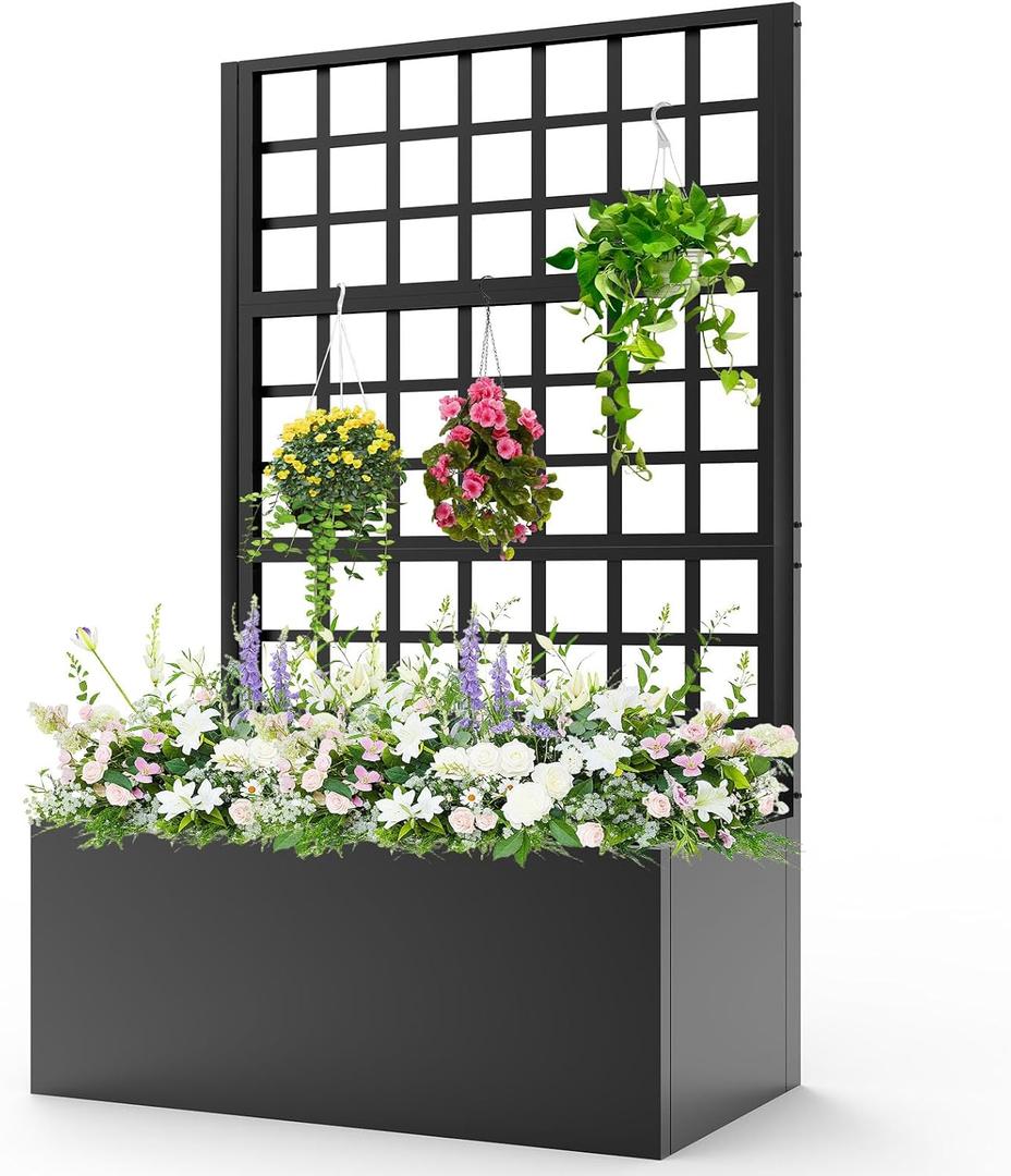 Metal Planter with Trellis - Trellis with Planter Box & Privacy Screen, 63"（H）x 31.5" x 16"