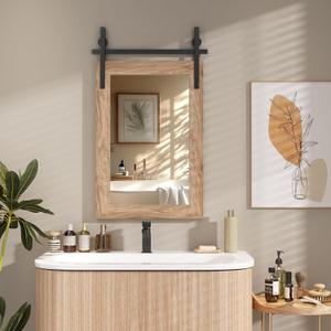 Hasipu Farmhouse Bathroom Mirror, 18"x26" Rustic Wood Framed Wall Mounted Mirror, Brown Vintage Vanity Mirror Barn Door Style Decrative Mirrors