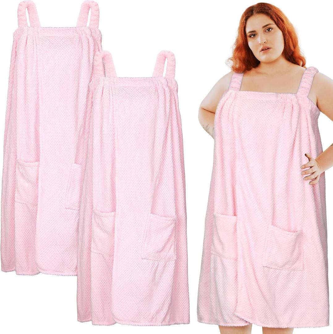 Tigeen 2 Pcs Plus Size Towel Wrap for Women Bath Wrap Towel Dress Terry Cloth Spa Robe with Straps Adjustable Closure(Pink,Xxl-4xl)