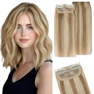 S-noilite 2 pieces 6 inch Clip In Short Hair Extensions 100% Remy Human Hair Invisible Mini Short Clip in Hairpiece for Women with Thinning Hair Golden Brown Mixed Bleach Blonde