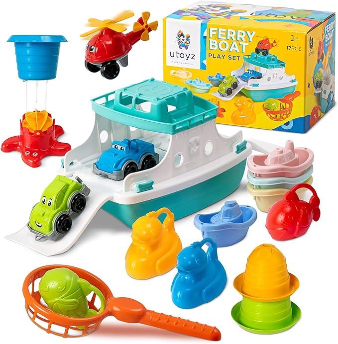 Boat Kids Bath Toy Set – 17 Pcs Toddler Pool Toys with Stacking Cups, Toy Ferry Boat, Train, 2 Cars & A Helicopter Addition for Fun Water Play, Toddler Bath Toys for 1 Year Old & Up