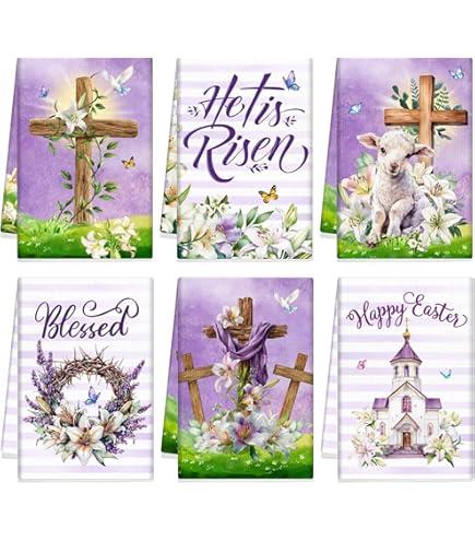 Patelai 6 Pack Easter Hand Towels He is Risen Tea Towel Religion Cross Happy Easter Purple Hand Holiday Decorative Gifts for Spring Home Housewarming Gift