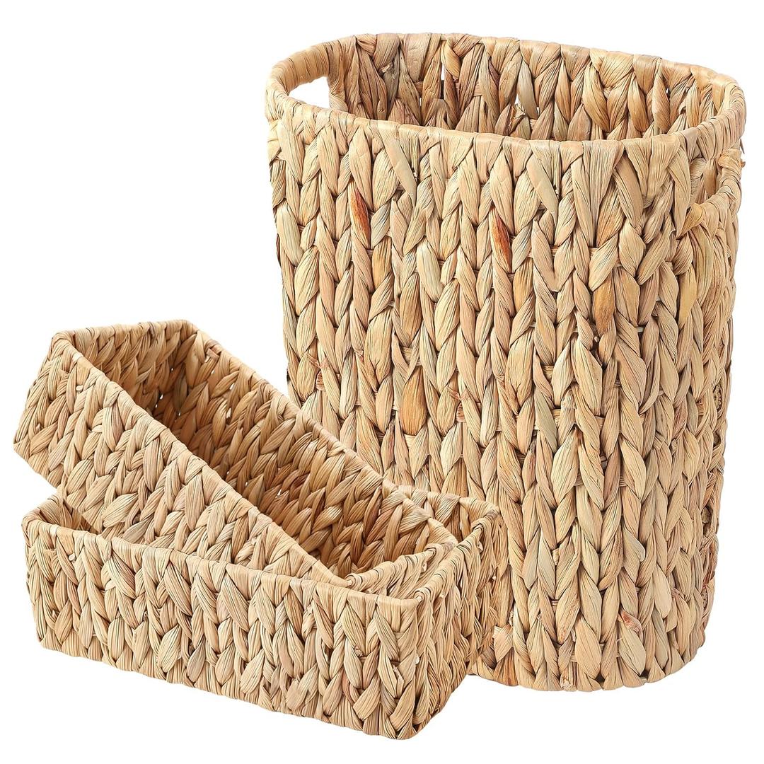 BSSN Water Hyacinth Trash Can 15L & Toilet Tank Basket,Natural Wicker Waste Bin with 2 Multifunctional Organizer Baskets for Bathroom, Toilet, Kitchen, Bedroom, Office, Balcony Decor