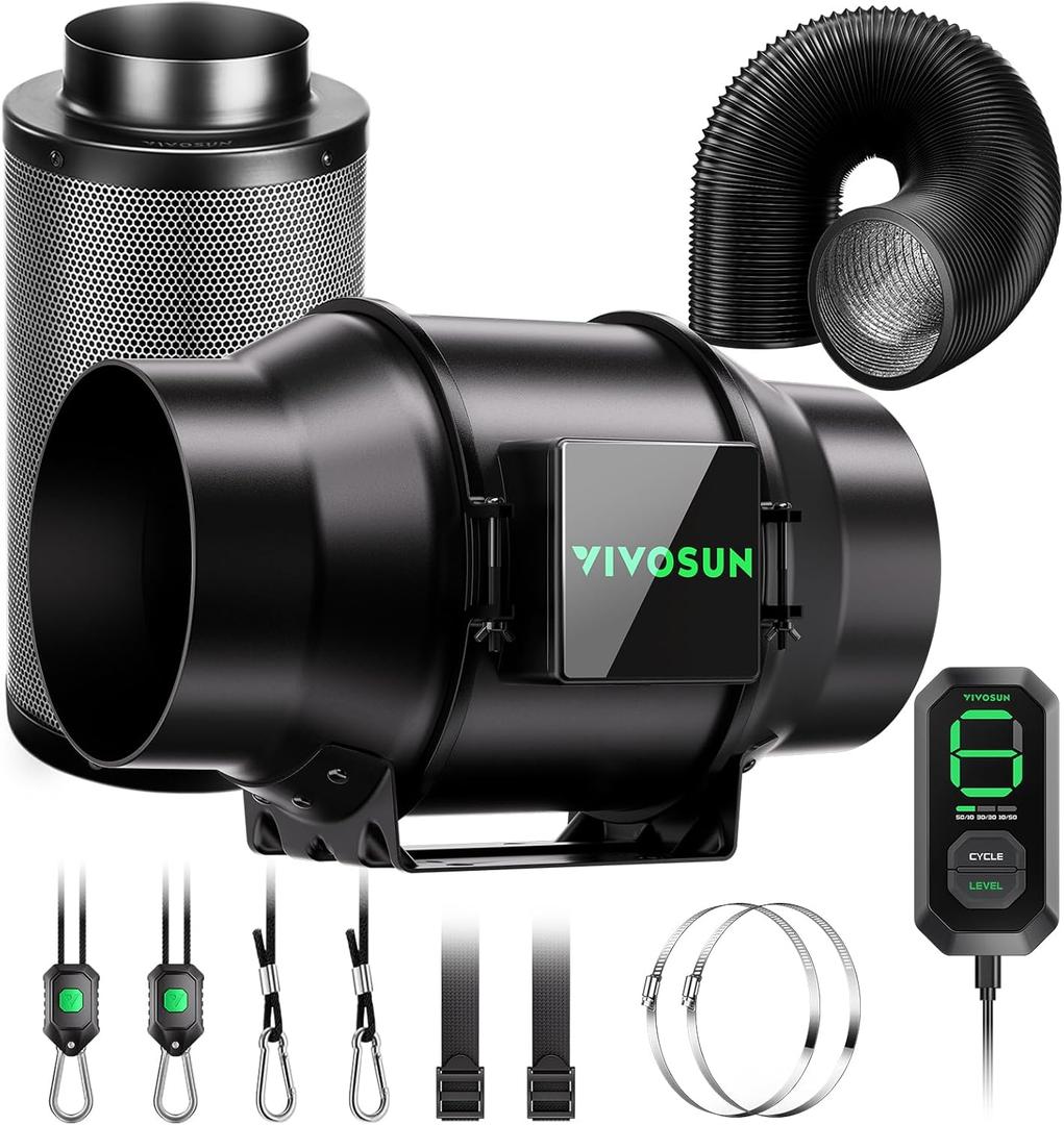 VIVOSUN Smart Air Filtration G6 Kit 6", AeroZesh G6 Inline Duct Fan with E12 Speed Controller, Carbon Filter & 8' Ducting, Cooling & Ventilation System for Grow Tents, Indoor Gardening, Hydroponics (Black)