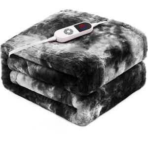 Electric Heated Blanket 62"x84",Luxury Black Twin Faux Rabbit Fur Electric Blanket,Fast Heating Soft Fluffy Thick Electric Blanket with 6 Heating Levels & 12H Auto Off