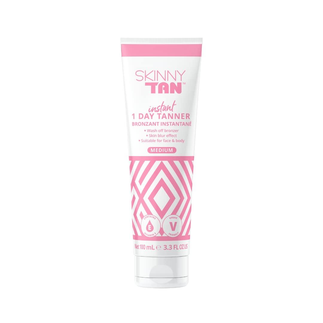 SkinnyTan 1 Day Instant Tanner - Self Tanning Lotion for Face and Body - Skin-Perfecting Coverage with Delicious Scent - Easy Rinse - Medium - 3.3 oz