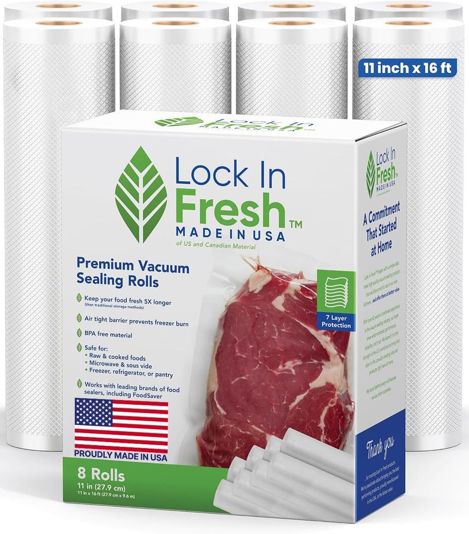 Vacuum Sealer Bags for Food - Heavy Duty Food Saver Vacuum Sealer Bag Rolls - Sous Vide, Seal a Meal Bags, 8-pack, 11" x 16' - Made in the USA