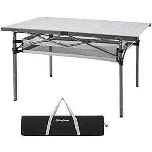 KingCamp Folding Camping Table, Aluminum Roll-Up Camp Table, Large Foldable Table for 6-8 Person, Outdoor Portable Tables with Carry Bag, 180 LBS Heavy Duty Load (Silver+Mesh：53.5"x27.5")