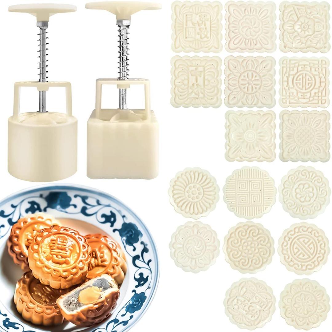 Chinese Traditional Mid-Autumn Mooncake MoldBiscuit Stamping Machine18 pcs 100g/125g Different Round And Square Flower Pattern For 2 Sets. (White)
