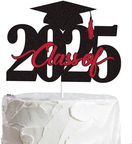 LINGBOOM Class of 2025 Graduation Cake Topper Black Red Glitter Congrats Grad Cake Decorations Congratulations Grad 2025 Party Supplies (Red) Set of 3