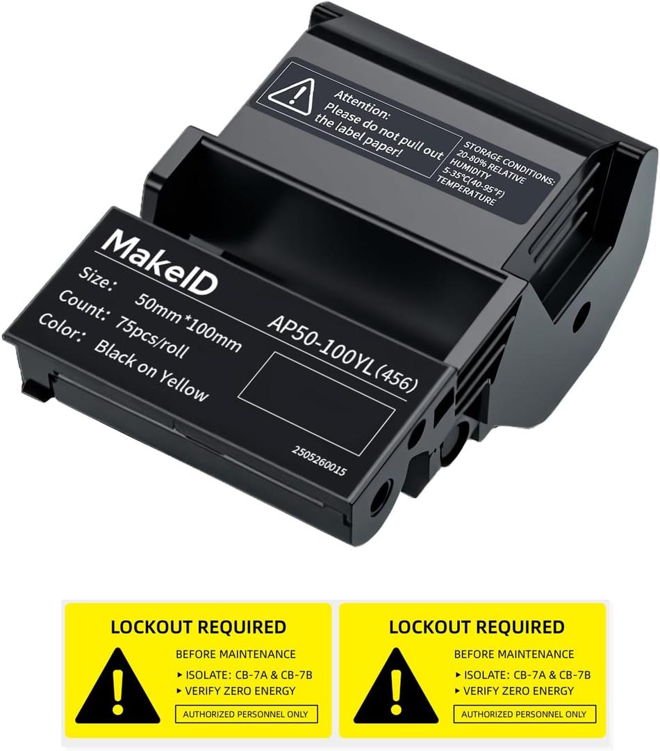 MakeID EP53 Labels, All-Weather PET Label Tape with Ribbon Cartridge for Indoor/Outdoor ID and Equipment Labeling - for EP53 Portable Industrial Label Maker (2"  4"(75pcs), Yellow)