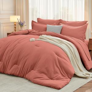 MUXHOMO 7 Pieces King Comforter Set, Soft Bed in a Bag King Size, All Season Bedding Set with Comforter, Flat Sheet, Fitted Sheet, Pillowcases & Shams, Coral Red