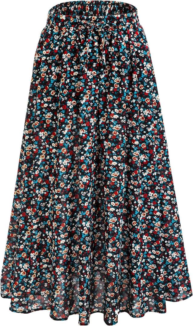 Maxi Skirt for Women Floral Boho A-line Long Summer Skirts with Elastic High Waist Adjustable Drawstring, Pockets, One Size