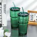 Joeyan Green Glass Tumbler with Lid and Straw,Embossed Iced Coffee Cups with Whale Pattern,Colored Striped Drinking Jars,Water Juice Beverages Soda Glasses,18.5 oz,Set of 2,Dishwasher Safe