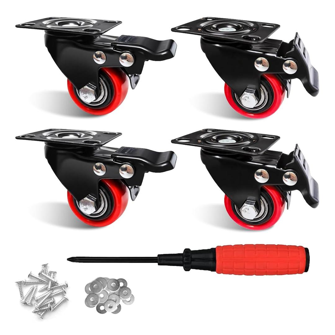 1.5 inch Casters Wheels 1.5" Heavy Duty Casters Polyurethane (PU) Swivel Set of 4 Load 400lbs with Brake Locking Swivel Plate Caster Industrial Castor Wheels for Carts Furniture and Workbench (Red)